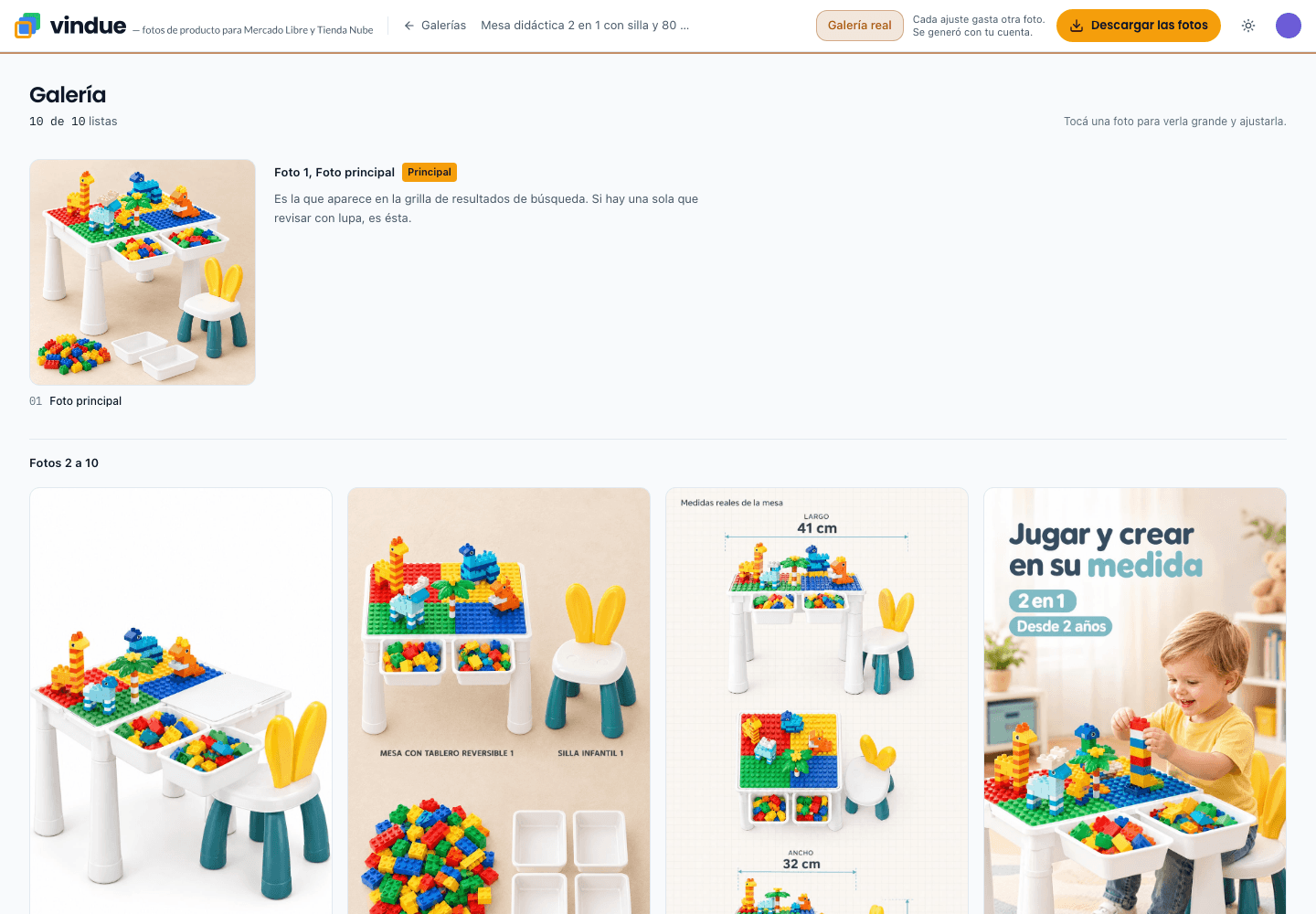 Vindue app showing a ten-image gallery it generated for a kids’ activity table